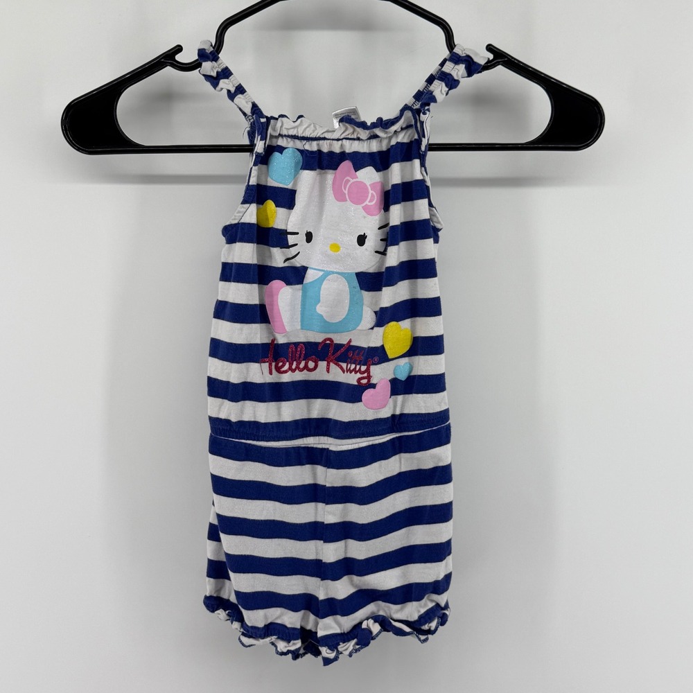 Hello Kitty Girls Blue White Striped Ruffle Cotton Romper Sunsuit Size 4T